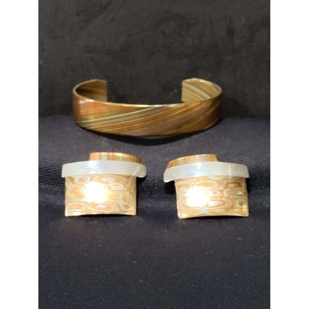 Vintage S.Walker Modernist Sterling Silver and Brass Earring and Bracelet Set